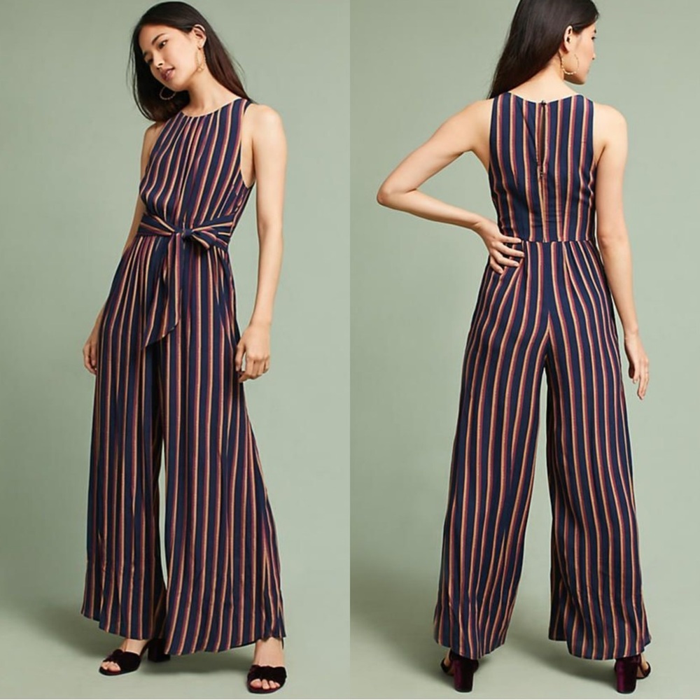 Anthropologie Plenty Tracy Reese Striped Navy Blue Orange Wide Leg Jumpsuit XS